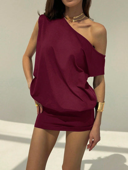 Shoulder Short Sleeve Tight Waist Mini Dress
