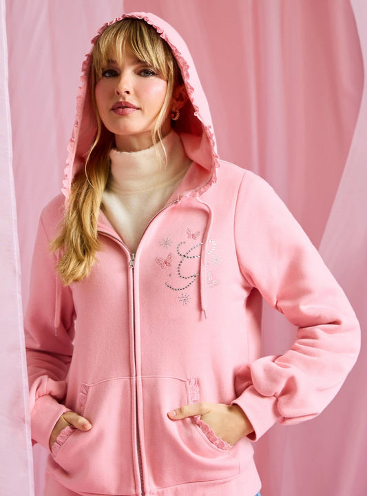 Pink Rhinestone Ruffle Hoodie