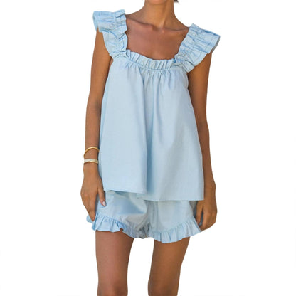Ruffle Trim Cami Tank Top and Shorts Pajama Set