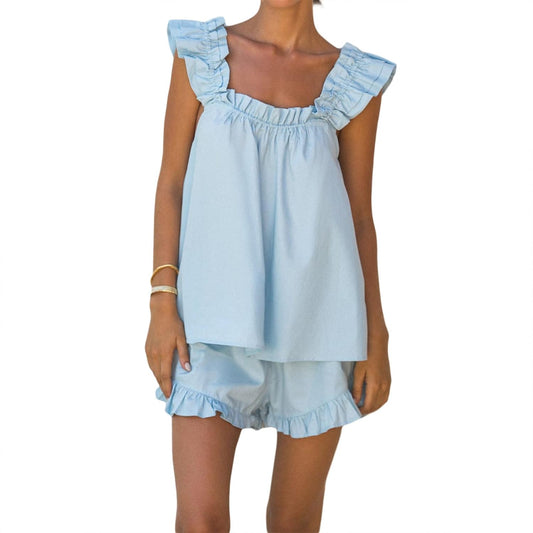 Ruffle Trim Cami Tank Top and Shorts Pajama Set