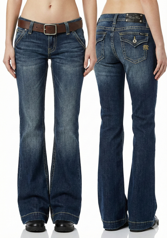 Flare Leg Dark Blue Flare Leg Flap Pocket Jeans