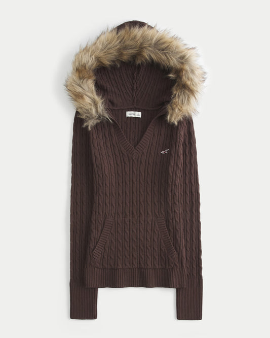 Faux Fur Cable-Knit Hoodie
