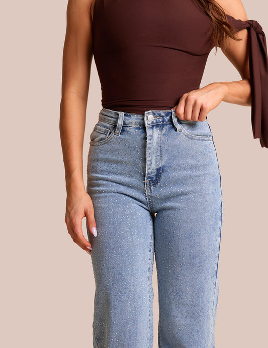 Clear Diamante Straight Fit High Rise Denim Blue Jeans