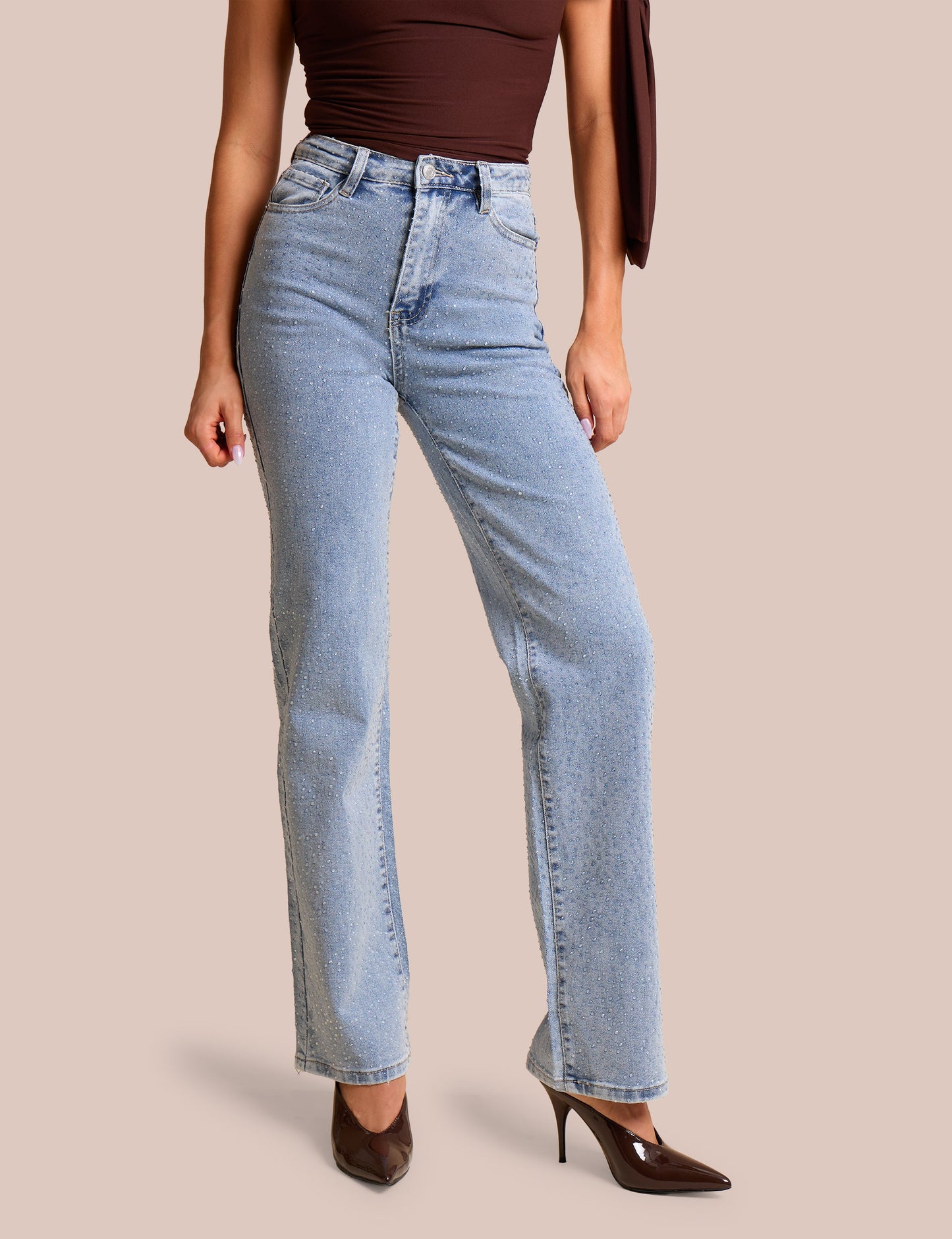 Clear Diamante Straight Fit High Rise Denim Blue Jeans
